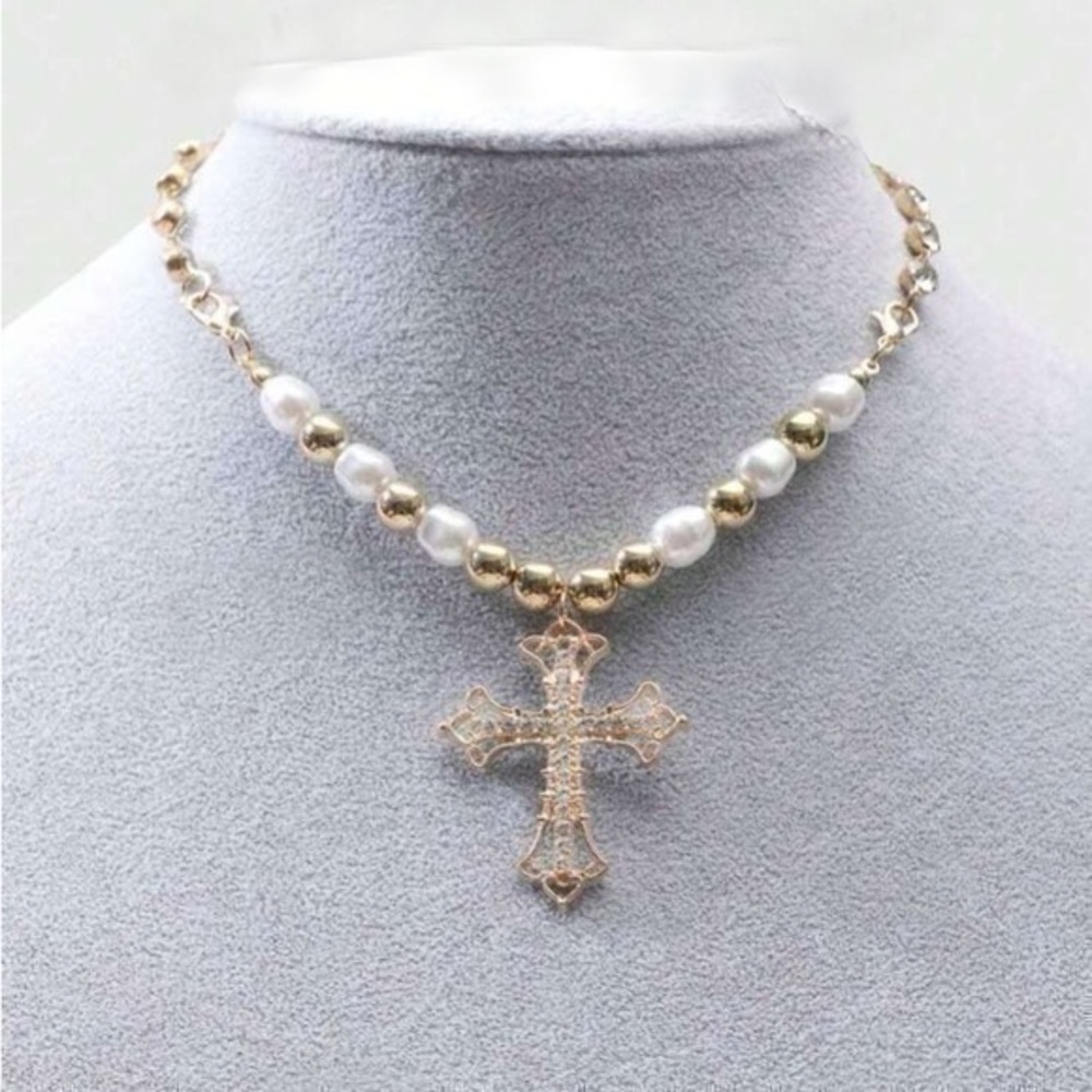 Glamorous Gold Pearl & Rhinestone Cross Pendant Necklace